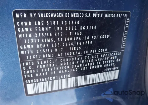 2019 Volkswagen Tiguan 2.0T Se/2.0T Sel/2.0T Sel R-Line/2.0T Sel R-Line Black from USA, damaged, VIN 3VV3B7AX3KM156496